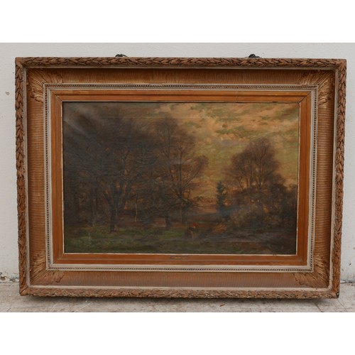 339 - A. Brietman (late 19th century): a woodland scene, with a single woman lighting a fire to the foregr... 