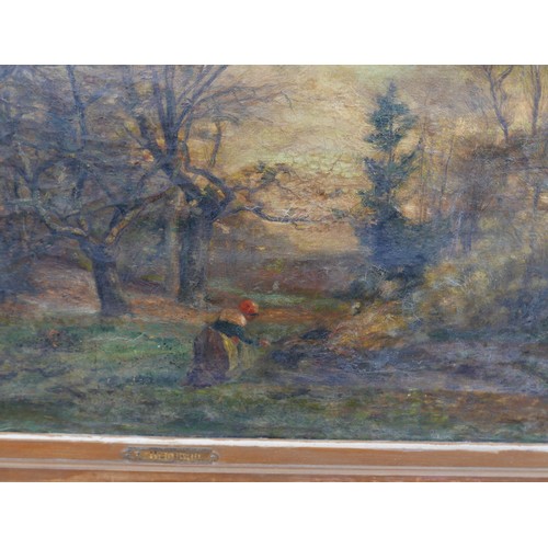 339 - A. Brietman (late 19th century): a woodland scene, with a single woman lighting a fire to the foregr... 
