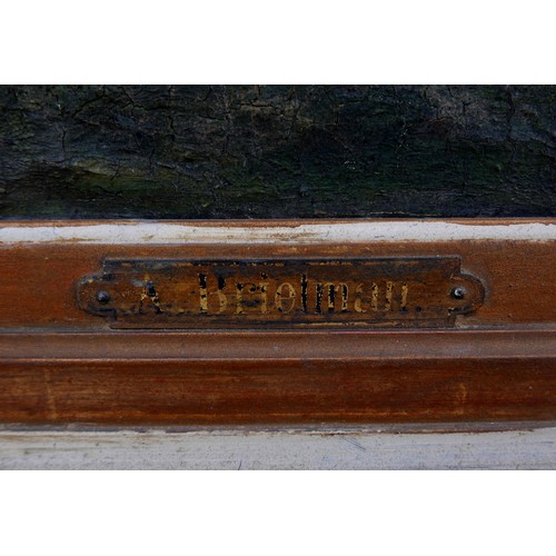 339 - A. Brietman (late 19th century): a woodland scene, with a single woman lighting a fire to the foregr... 