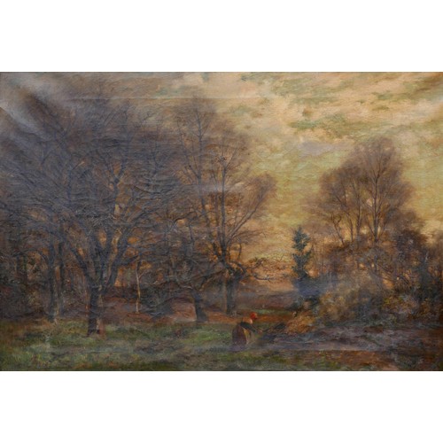 339 - A. Brietman (late 19th century): a woodland scene, with a single woman lighting a fire to the foregr... 