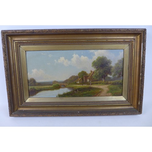 344 - R. Fenson; pair of oil on canvas landscape scenes, signed and dated 1900, 40 by 19cm, framed, 54 by ... 