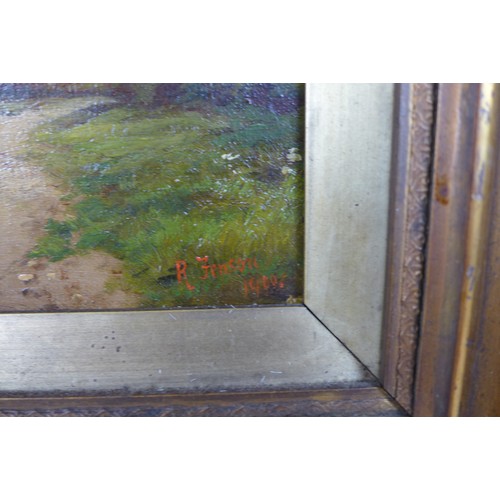 344 - R. Fenson; pair of oil on canvas landscape scenes, signed and dated 1900, 40 by 19cm, framed, 54 by ... 