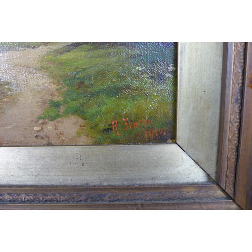 344 - R. Fenson; pair of oil on canvas landscape scenes, signed and dated 1900, 40 by 19cm, framed, 54 by ... 