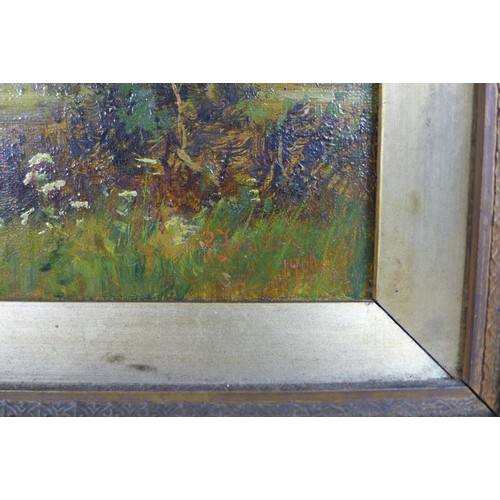 344 - R. Fenson; pair of oil on canvas landscape scenes, signed and dated 1900, 40 by 19cm, framed, 54 by ... 