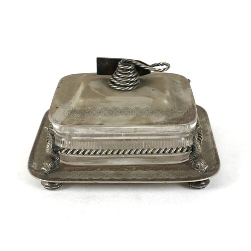 123 - A Victorian silver plated sardine dish, the cover with finial in the form of a coil of rope with lab... 
