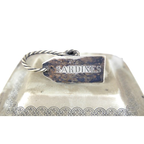 123 - A Victorian silver plated sardine dish, the cover with finial in the form of a coil of rope with lab... 