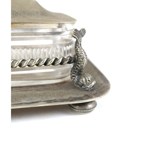 123 - A Victorian silver plated sardine dish, the cover with finial in the form of a coil of rope with lab... 