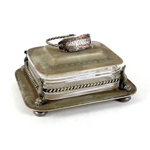 123 - A Victorian silver plated sardine dish, the cover with finial in the form of a coil of rope with lab... 
