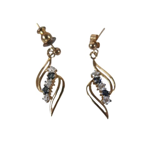 43 - A group of three pairs of earrings, comprising a pair of 9ct gold leaf shaped drop earrings, set wit... 