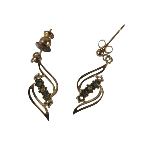 43 - A group of three pairs of earrings, comprising a pair of 9ct gold leaf shaped drop earrings, set wit... 