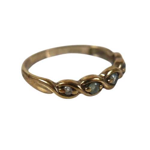 49 - A group of four 9k gold rings, comprising one set with three small alexandrite stones and two diamon... 