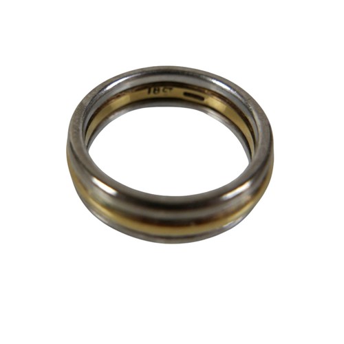 11 - A group of three wedding band rings, one 18ct bi-colour gold, 6.0mm wide, size O, 10.0g, and a pair ... 