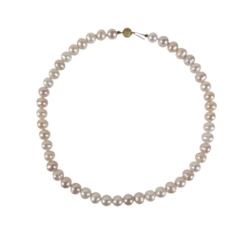 45 - A single strand pearl necklace with 18ct yellow gold clasp, comprising 49 pearls of white and light ... 