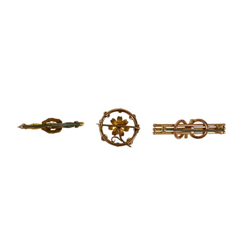 55 - Three 9ct gold brooches, two bar brooches and one brooch inlaid with seed pearls and turquoise, 7g g... 