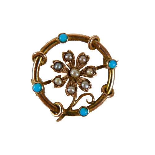 55 - Three 9ct gold brooches, two bar brooches and one brooch inlaid with seed pearls and turquoise, 7g g... 