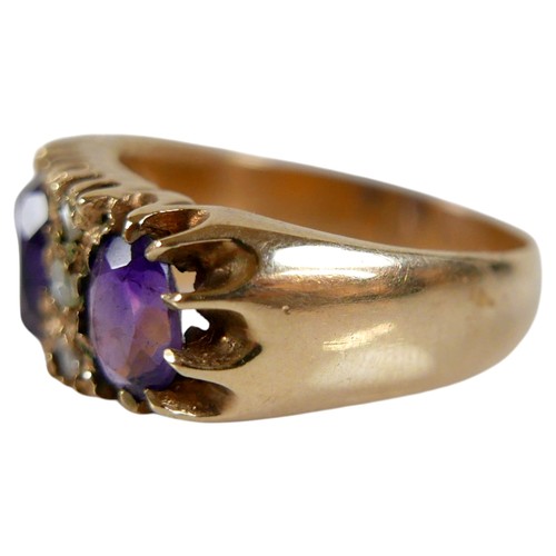 58 - A 9ct yellow gold amethyst and diamond ring, set with three oval cut amethysts and six small diamond... 