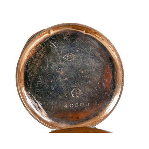 35 - A 9ct gold cased pocket watch, no. 40308, gilt face, roman numerals, 3.2cm dia.