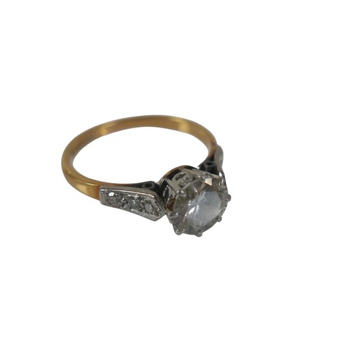 1 - An 18ct gold, platinum and diamond ring, the central brilliant cut diamond approx 1.6ct, each should... 