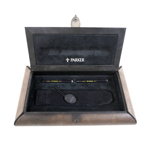 216 - A fitted leather case for a Parker 'Snake' fountain pen, circa 1999, with lift out pen tray, two ebo... 