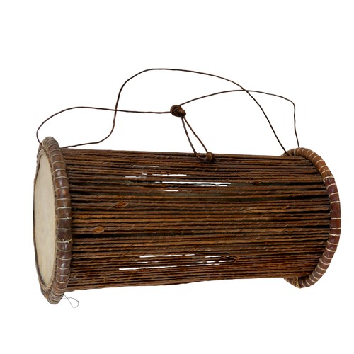 219 - A collection of tribal items comprising drum, mask, spear, bow, and four arrows, one arrow 137cm lon... 