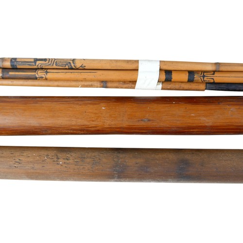 219 - A collection of tribal items comprising drum, mask, spear, bow, and four arrows, one arrow 137cm lon... 