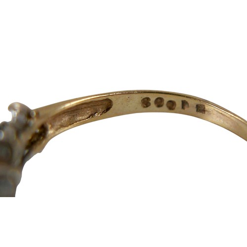 60 - Five 9ct gold dress rings, comprising a garnet daisy ring, size N, 1.5g, a pearl ring a/f, size O, 1... 