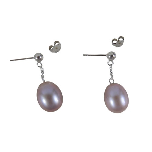 24 - A pair of 18ct white gold pearl earrings retailed by Pravins, pearls have a pink hew measuring 8 x 1... 