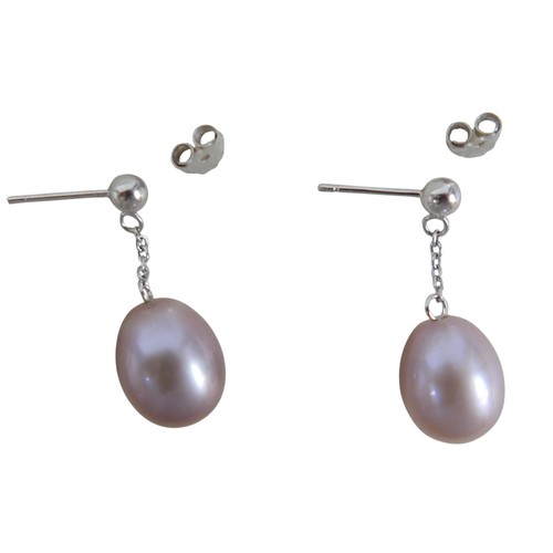 24 - A pair of 18ct white gold pearl earrings retailed by Pravins, pearls have a pink hew measuring 8 x 1... 