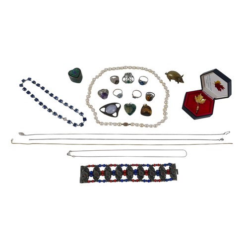 12 - An assortment of mainly costume jewellery and a brass pig. (1 bag)