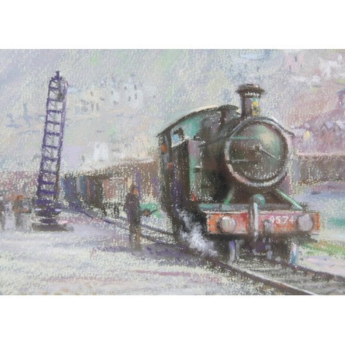 348 - Roy Stringfellow: pastel drawing of a railway with GWR loco No. 4574 by river and bridge, signed low... 