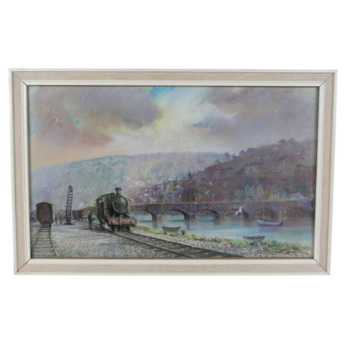 348 - Roy Stringfellow: pastel drawing of a railway with GWR loco No. 4574 by river and bridge, signed low... 