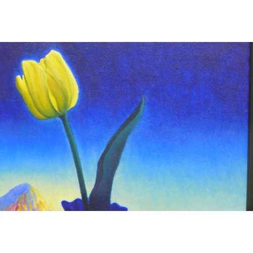 382 - David Ross Warrilow (Scottish, b. 1956): a still life, depicting a single yellow tulip in a blue gla... 
