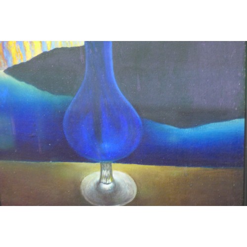 382 - David Ross Warrilow (Scottish, b. 1956): a still life, depicting a single yellow tulip in a blue gla... 