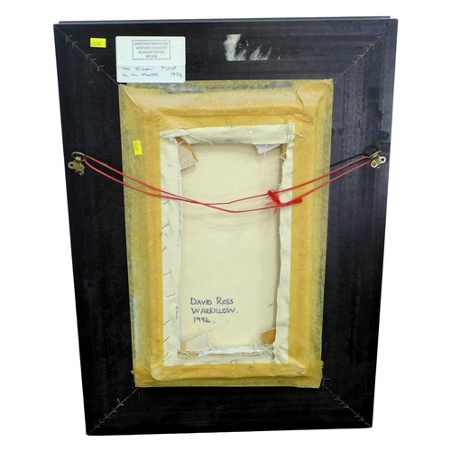 382 - David Ross Warrilow (Scottish, b. 1956): a still life, depicting a single yellow tulip in a blue gla... 