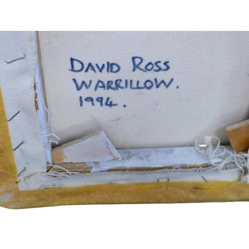 382 - David Ross Warrilow (Scottish, b. 1956): a still life, depicting a single yellow tulip in a blue gla... 