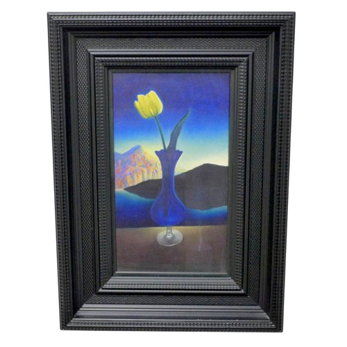 382 - David Ross Warrilow (Scottish, b. 1956): a still life, depicting a single yellow tulip in a blue gla... 