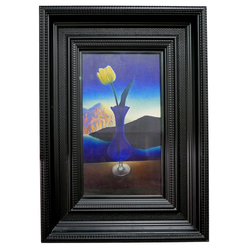 382 - David Ross Warrilow (Scottish, b. 1956): a still life, depicting a single yellow tulip in a blue gla... 