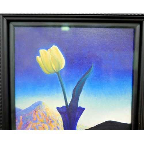 382 - David Ross Warrilow (Scottish, b. 1956): a still life, depicting a single yellow tulip in a blue gla... 