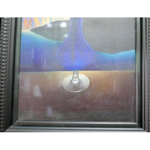 382 - David Ross Warrilow (Scottish, b. 1956): a still life, depicting a single yellow tulip in a blue gla... 