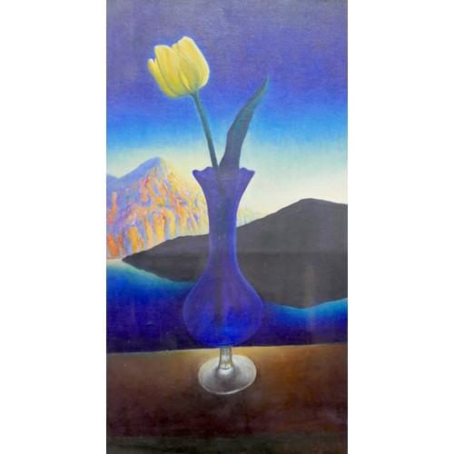 382 - David Ross Warrilow (Scottish, b. 1956): a still life, depicting a single yellow tulip in a blue gla... 