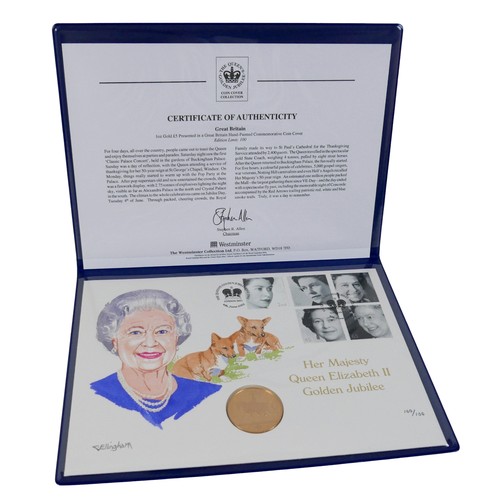 202 - A Queen Elizabeth II Royal Mint 2002 Gold 1oz 5 Pound Coin on large hand painted Queen's Golden Jubi... 
