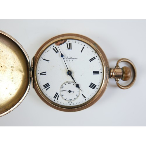 130 - A Waltham gold plated full hunter pocket watch, engraved to the back 'E.G. COX 1432355 R.A.F.' and i... 
