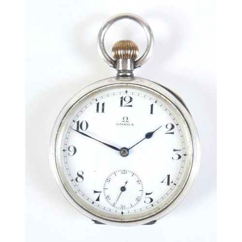 129 - An Edwardian silver Omega keyless wind open faced pocket watch, white dial with black Arabic numeral... 