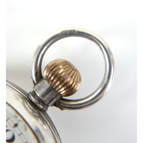 129 - An Edwardian silver Omega keyless wind open faced pocket watch, white dial with black Arabic numeral... 