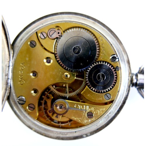 129 - An Edwardian silver Omega keyless wind open faced pocket watch, white dial with black Arabic numeral... 