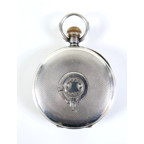 129 - An Edwardian silver Omega keyless wind open faced pocket watch, white dial with black Arabic numeral... 