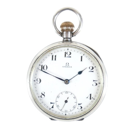 129 - An Edwardian silver Omega keyless wind open faced pocket watch, white dial with black Arabic numeral... 