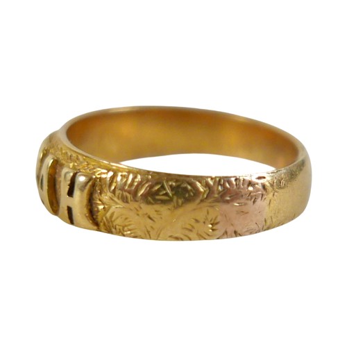 67 - An 18ct yellow gold MIZPAH ring size Q, 5.4mm band, 6.0g.