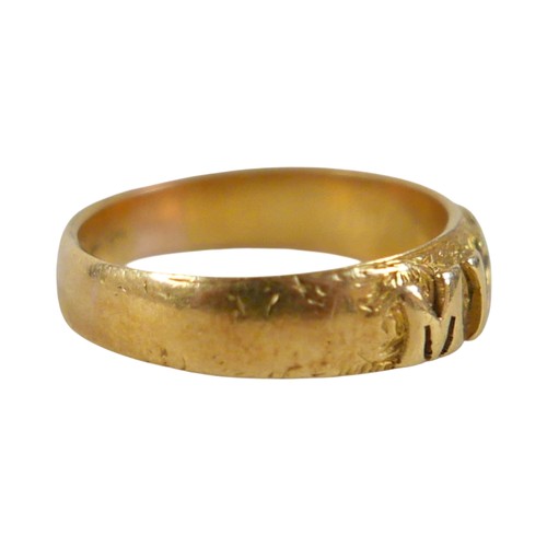 67 - An 18ct yellow gold MIZPAH ring size Q, 5.4mm band, 6.0g.