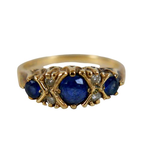 50 - A 9ct yellow gold sapphire and diamond seven stone ring, head 23 by 15mm, size P, 3.3g.